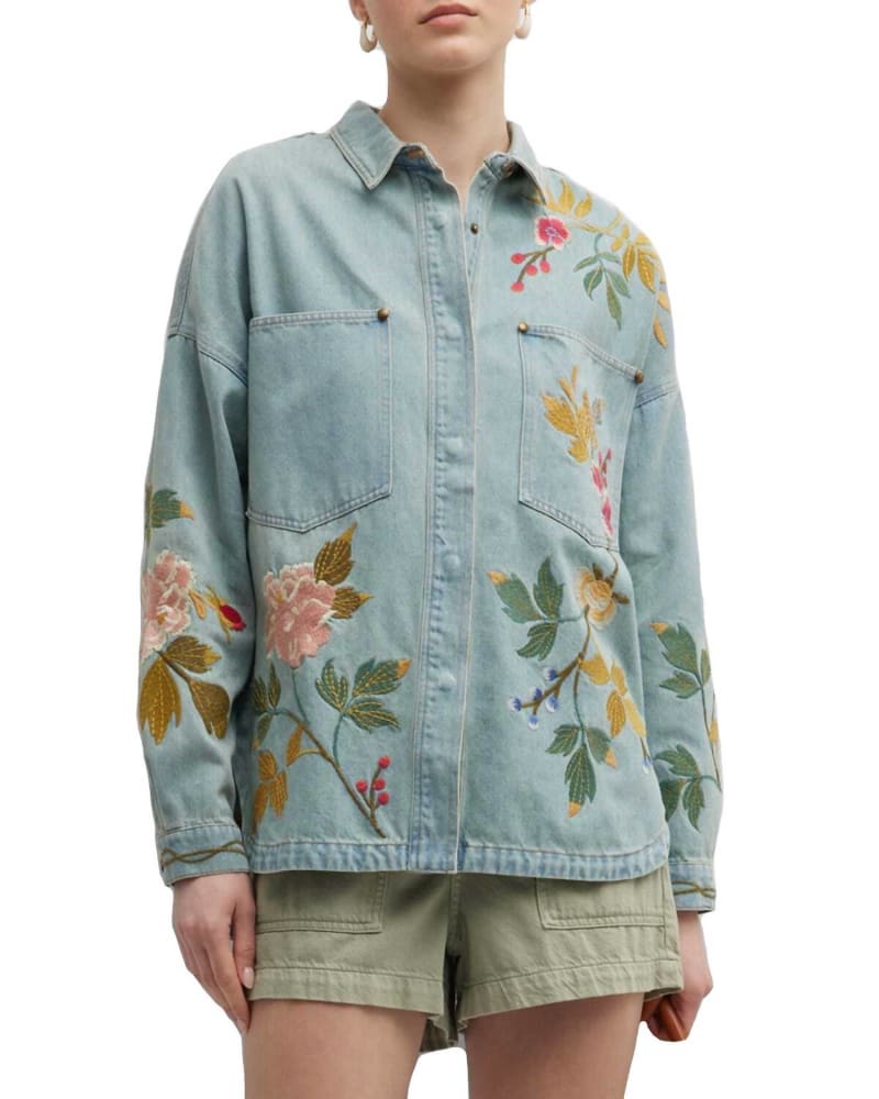 Front of a model wearing a size L Adelle Denim Pocket Overshirt in Multi in Multi by Johnny Was. | dia_product_style_image_id:332314